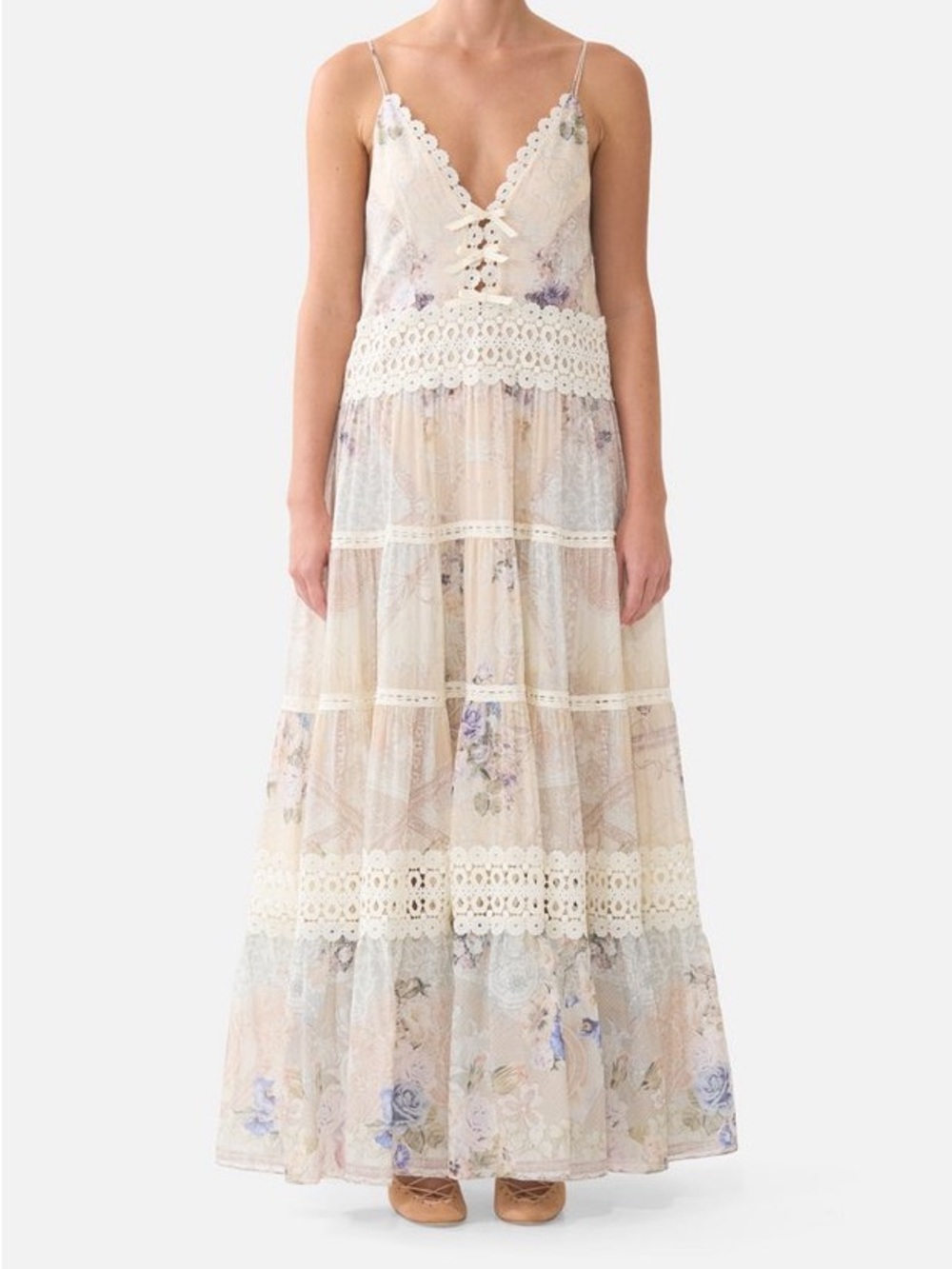 Camilla Trapeze Tired Dress. Cream Floral Lace Maxi Dress - Picture 2 of 10